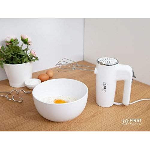  [아마존베스트]TZS First Austria Electric Hand Stirrer with Extra Long Whisk for Deep Bowls 300 W | 6 Speeds Turbo Button | Hand Mixer Stainless Steel Whisk and Dough Hook | Stirrer White | Hand Stirrer