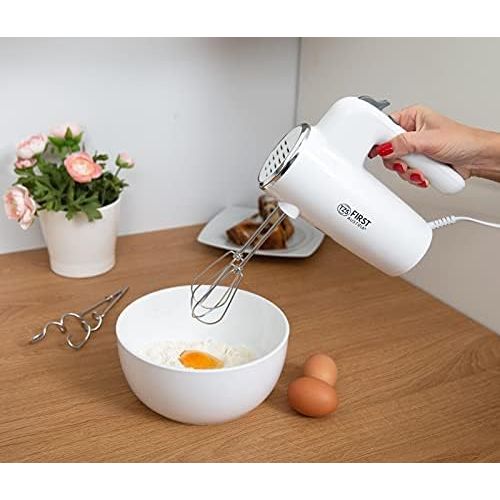  [아마존베스트]TZS First Austria Electric Hand Stirrer with Extra Long Whisk for Deep Bowls 300 W | 6 Speeds Turbo Button | Hand Mixer Stainless Steel Whisk and Dough Hook | Stirrer White | Hand Stirrer