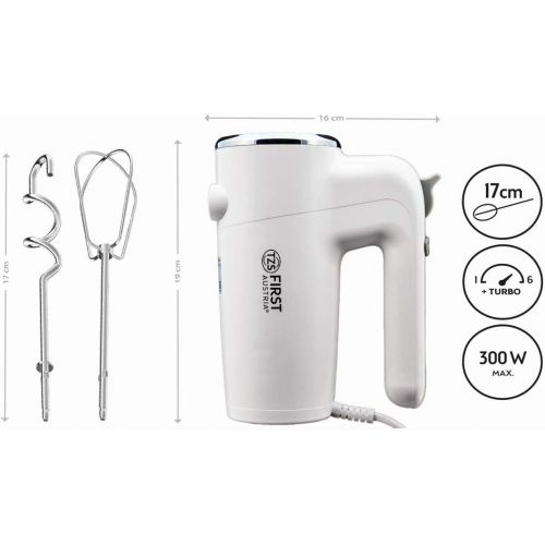  [아마존베스트]TZS First Austria Electric Hand Stirrer with Extra Long Whisk for Deep Bowls 300 W | 6 Speeds Turbo Button | Hand Mixer Stainless Steel Whisk and Dough Hook | Stirrer White | Hand Stirrer