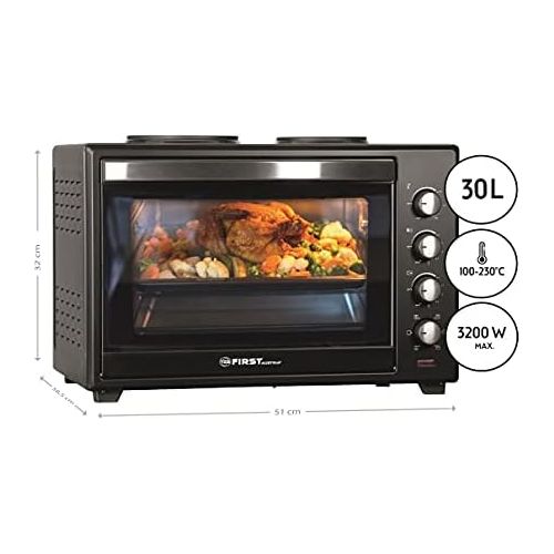  [아마존베스트]-Service-Informationen TZS First Austria - 30 litre 3200 watt mini oven with hotplates and crumb tray, rotisserie, air circulation mini | mini kitchen | hotplates can be used separately | simultaneously