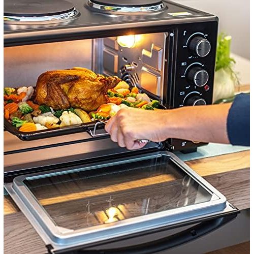 [아마존베스트]TZS First Austria - 30 litre 3200 watt mini oven with hotplates and crumb tray, rotisserie, air circulation mini | mini kitchen | hotplates can be used separately | simultaneously