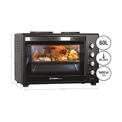  [아마존베스트]TZS First Austria - 60 litre 3400 W mini oven with hotplates and crumb tray | interior lighting | rotating spit | recirculation | mini pizza oven | hotplates can be operated separa