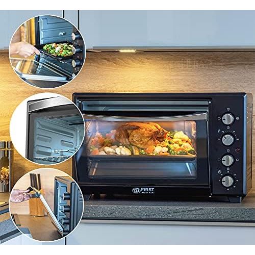  [아마존베스트]TZS First Austria - 60 Litre Mini Oven / Pizza Oven with Crumb Tray, Interior Lighting, Rotating Spit, Air Circulation Function, Space for 2 Pizzas on One Grill Shelf, Double-Glaze