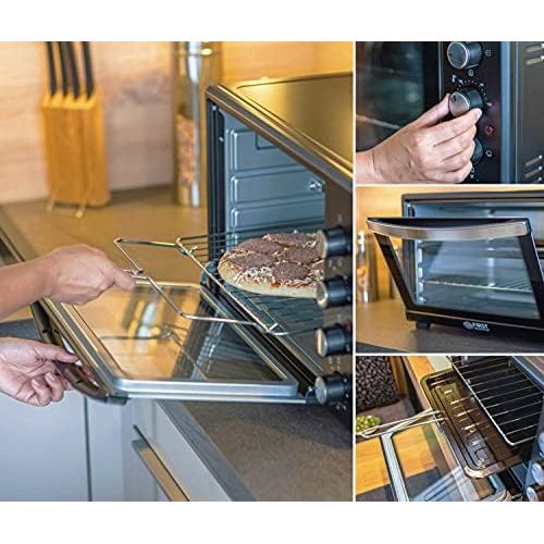  [아마존베스트]TZS First Austria - 60 Litre Mini Oven / Pizza Oven with Crumb Tray, Interior Lighting, Rotating Spit, Air Circulation Function, Space for 2 Pizzas on One Grill Shelf, Double-Glaze