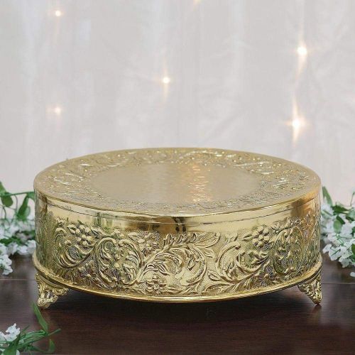  Tableclothsfactory 18 inch Gold Round Embossed Metal Cake Plateau Stand Riser Wedding Birthday Party Dessert Cake Pedestal Display Plate