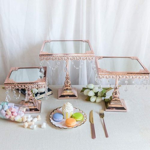  Tableclothsfactory Set of 3 Rose Gold Square Mirror Top Cup Cake Riser Centerpiece Stand Wedding Birthday Party Dessert Rise Cake Stand