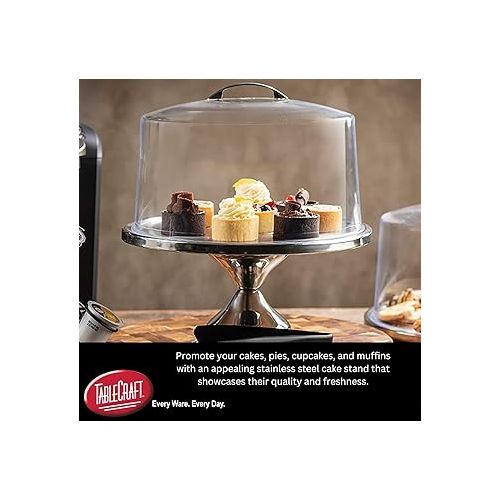  Tablecraft Cake Stand with Dome, Clear Acrylic Shatterproof Lid Cover with Stainless Steel Display Pedestal, Domed to Fit 12 Inches in Diameter Cakes, Pies and Pastry, Commercial Restaurant Use,Silver