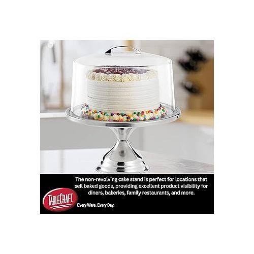  Tablecraft Cake Stand with Dome, Clear Acrylic Shatterproof Lid Cover with Stainless Steel Display Pedestal, Domed to Fit 12 Inches in Diameter Cakes, Pies and Pastry, Commercial Restaurant Use,Silver