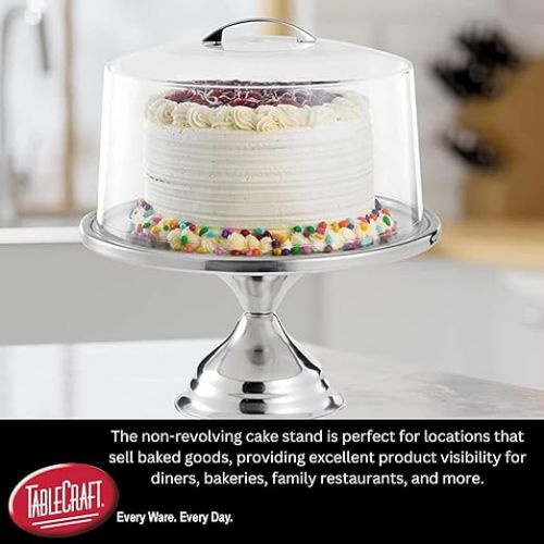  Tablecraft Cake Stand with Dome, Clear Acrylic Shatterproof Lid Cover with Stainless Steel Display Pedestal, Domed to Fit 12 Inches in Diameter Cakes, Pies and Pastry, Commercial Restaurant Use,Silver
