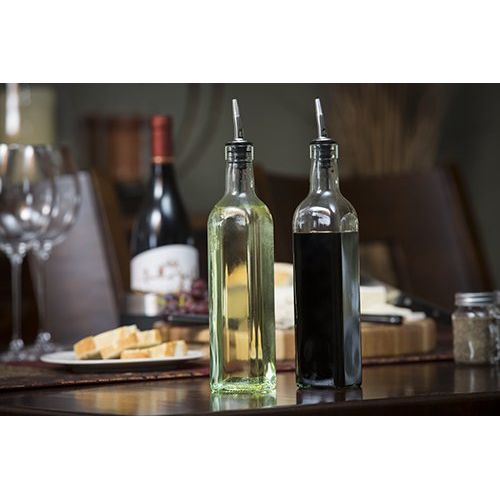  Tablecraft Oil Vinegar Set and Stainless Steel Pourers with Black Chrome Plated Rack, 16 oz, Clear