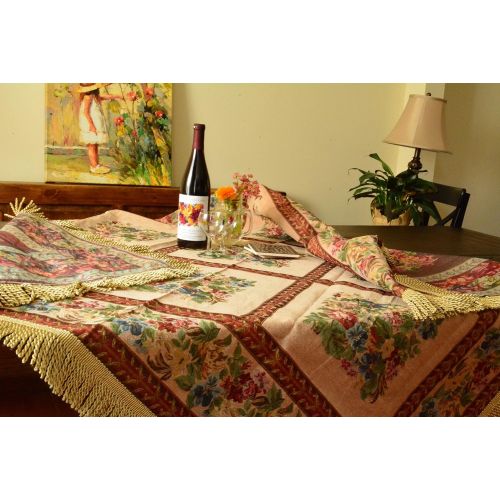  Tache Home Fashion Tache Square Floral Woven Tablecloth - Yuletide Blooms - Red, Beige Patchwork Tapestry Table Linen - 5598-59 X 59 Inch