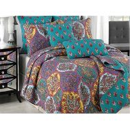 Tache Home Fashion Tache Purple Turquoise Bohemian Floral Paisley Galore Damask Reversible 3 Piece Bedspread Quilt Set, Queen