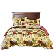 Tache Home Fashion Tache Floral Green Reversible Bedspread - The Holly and The Ivy Poinsettia - Festive Patchwork Coverlet Bedding Set - Bright Vibrant Multi Colorful Beige Red Green Floral Print - F
