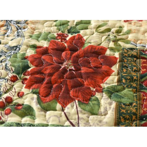  Tache Home Fashion Tache Floral Green Reversible Bedspread - The Holly and The Ivy Poinsettia - Festive Patchwork Coverlet Bedding Set - Bright Vibrant Multi Colorful Beige Red Green Floral Print - F