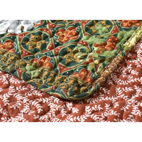  Tache Home Fashion Tache Floral Green Reversible Bedspread - The Holly and The Ivy Poinsettia - Festive Patchwork Coverlet Bedding Set - Bright Vibrant Multi Colorful Beige Red Green Floral Print - F