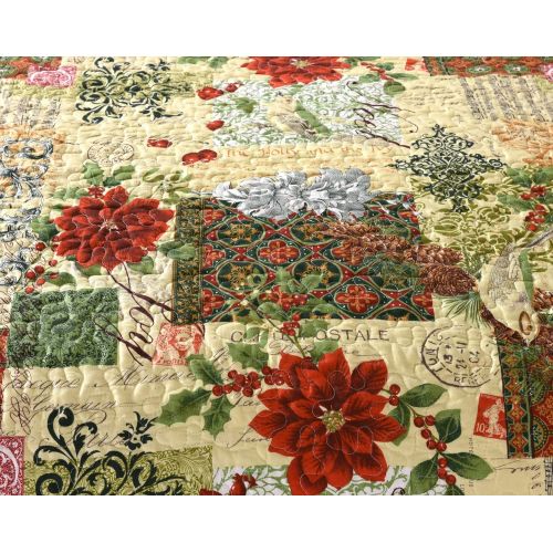  Tache Home Fashion Tache Floral Green Reversible Bedspread - The Holly and The Ivy Poinsettia - Festive Patchwork Coverlet Bedding Set - Bright Vibrant Multi Colorful Beige Red Green Floral Print - F