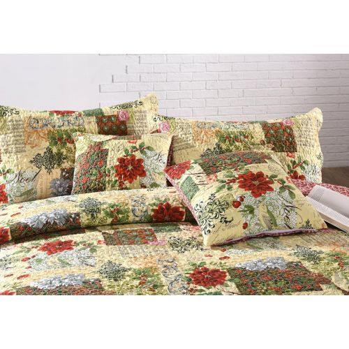  Tache Home Fashion Tache Floral Green Reversible Bedspread - The Holly and The Ivy Poinsettia - Festive Patchwork Coverlet Bedding Set - Bright Vibrant Multi Colorful Beige Red Green Floral Print - F