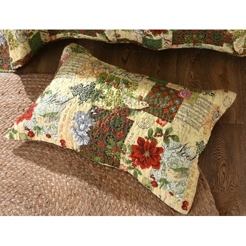  Tache Home Fashion Tache Floral Green Reversible Bedspread - The Holly and The Ivy Poinsettia - Festive Patchwork Coverlet Bedding Set - Bright Vibrant Multi Colorful Beige Red Green Floral Print - F