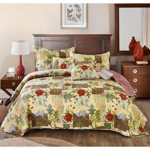  Tache Home Fashion Tache Floral Green Reversible Bedspread - The Holly and The Ivy Poinsettia - Festive Patchwork Coverlet Bedding Set - Bright Vibrant Multi Colorful Beige Red Green Floral Print - F