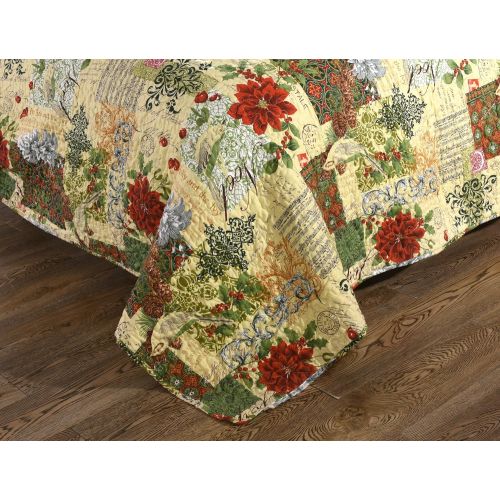  Tache Home Fashion Tache Floral Green Reversible Bedspread - The Holly and The Ivy Poinsettia - Festive Patchwork Coverlet Bedding Set - Bright Vibrant Multi Colorful Beige Red Green Floral Print - F