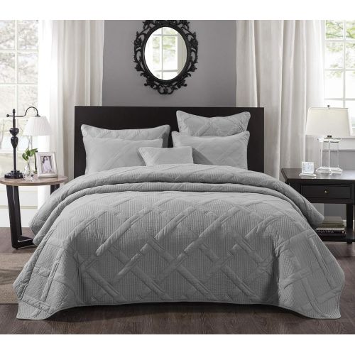  [아마존베스트]Tache Home Fashion Tache Solid Light Grey Silver Soothing Pastel Soft Cotton Geometric Diamond Stitch Pattern Lightweight Quilted Bedspread 2 Piece Set, Twin