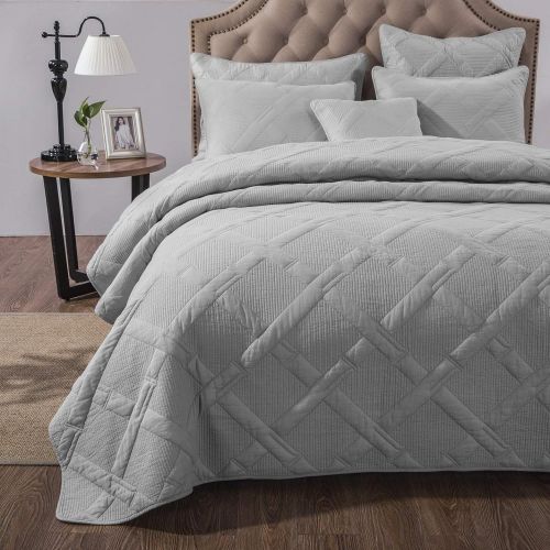  [아마존베스트]Tache Home Fashion Tache Solid Light Grey Silver Soothing Pastel Soft Cotton Geometric Diamond Stitch Pattern Lightweight Quilted Bedspread 2 Piece Set, Twin