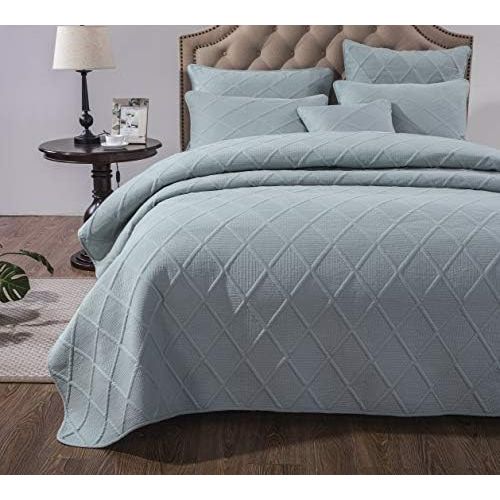  [아마존베스트]Tache Home Fashion Tache Solid Seafoam Blue Green Soothing Pastel Soft Cotton Geometric Diamond Stitch Pattern Lightweight Quilted Bedspread 2 Piece Set, Twin