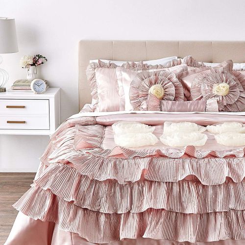  Tache Home Fashion MA1612-K Tache 6 Piece Floral Solid Cinnamon Chai Beige Ruffled Comforter Set, King