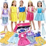 Tacobear Princess Dress Up Clothes for Little Girls Dress Up Trunk Set Elsa Mermaid Snow Princess Belle Sleeping Beauty Pretend Play Costume Halloween Christmas Birthday Gift for Toddler Girls Age 3-6