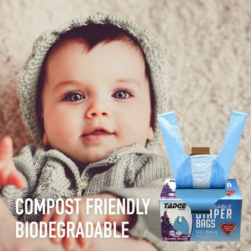  [아마존베스트]Tadge Goods Baby Disposable Diaper Bags  100% Biodegradable Diaper Sacks with Lavender Scent & Added Baking Soda to Absorb Odors - 400 Count (Blue)