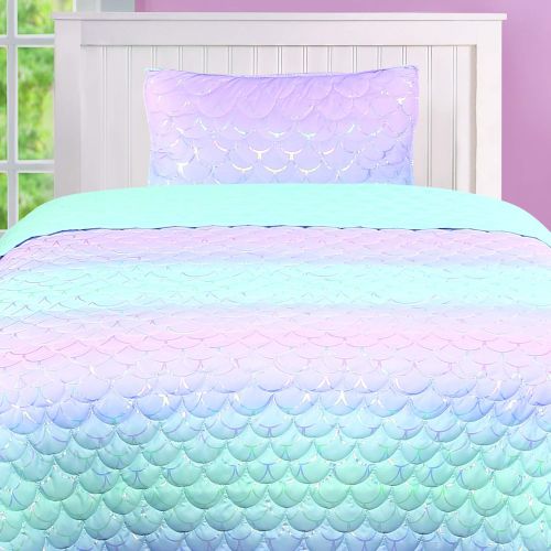  [아마존베스트]Tadpoles Girls Mermaid Pattern Quilt Set, Twin Size, Iridescent Metallic (MERMETQLTT)