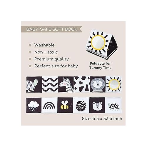  Taf Toys Newborn Soft Activity Book Black & White High Contrast Baby Book Infant Sensory Toys Tummy Time Soft Cloth Books for Babies Textured Fabric Crinkling Shapes Patterns 0-12 Months Newborn Toys