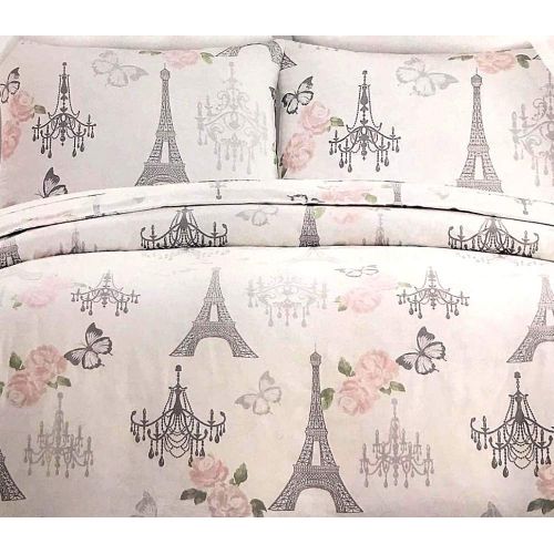  Tahari Home Girls Parisian Twin All Season Comforter Set Featuring Eiffel Tower and Spring Blooms