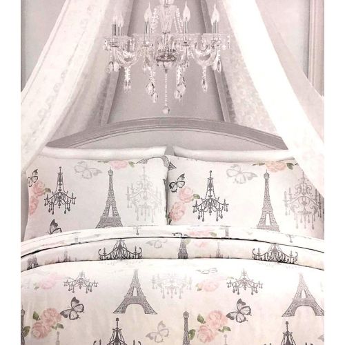  Tahari Home Girls Parisian Twin All Season Comforter Set Featuring Eiffel Tower and Spring Blooms