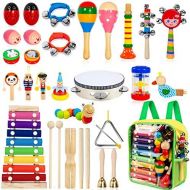 [아마존베스트]TAIMASI Kids Musical Instruments, 33Pcs 18 Types Wooden Percussion Instruments Tambourine Xylophone Toys for Kids Children, Preschool Education Early Learning Musical Toy for Boys