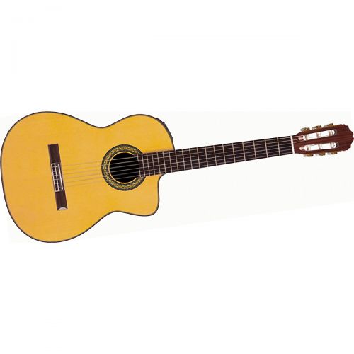  Takamine},description:A classical nylon-string guitar with a solid cedar top and solid rosewood body for coveted traditional Spanish tone. The ornate marquetry rosette work and gol