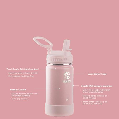  Takeya 51141 Actives Kids Insulated Stainless Steel Bottle w/Straw Lid, 14oz, Blush