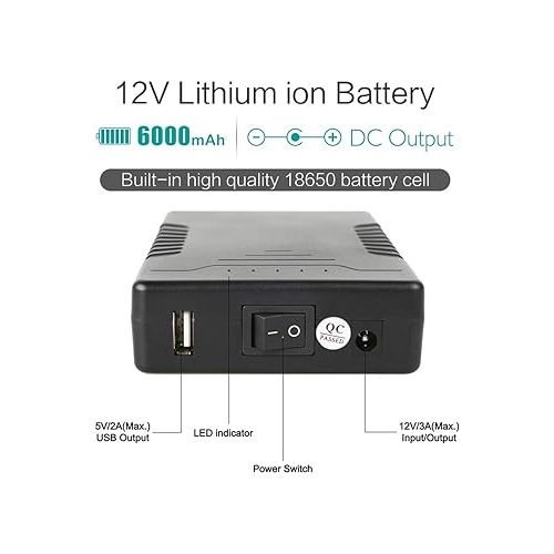  Talentcell Rechargeable 12V 6000mAh/5V 12000mAh DC Output Lithium ion Battery Pack for LED Strip and CCTV Camera, Portable Li-ion Power Bank with Charger, Black