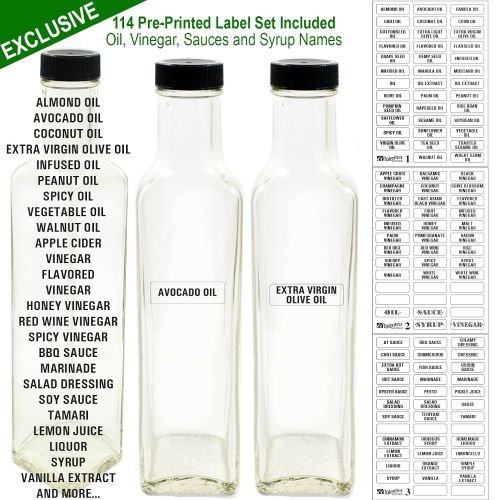  12-PACK Quadra 8.5oz Glass Bottles w/Liquid Pourers & 2 Types of Preprinted Labels. Complete Set Homemade Premium Commercial Grade byTalented Kitchen