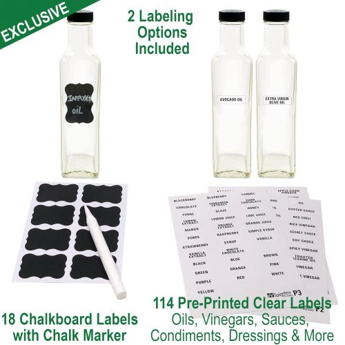  12-PACK Quadra 8.5oz Glass Bottles w/Liquid Pourers & 2 Types of Preprinted Labels. Complete Set Homemade Premium Commercial Grade byTalented Kitchen