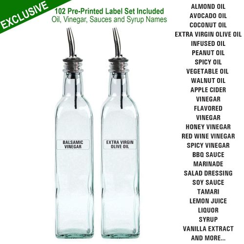  Talented Kitchen 2-PACK Olive Oil Dispenser Set, 2 17oz Bottles with Stainless Steel Spouts, Small Funnel, Printed Labels, etc. 2 Premium Glass Vinegar & Olive Oil Bottles with Spout, Oil Container