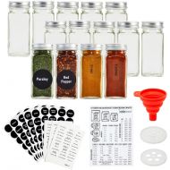 Talented Kitchen 14 Empty 4 oz Square Glass Spice Jars with Lids + Clear Minimalist Spice Labels in 2 Preprinted Chalkboard Styles, Pour/Sift & Coarse Shakers with Airtight Caps, C