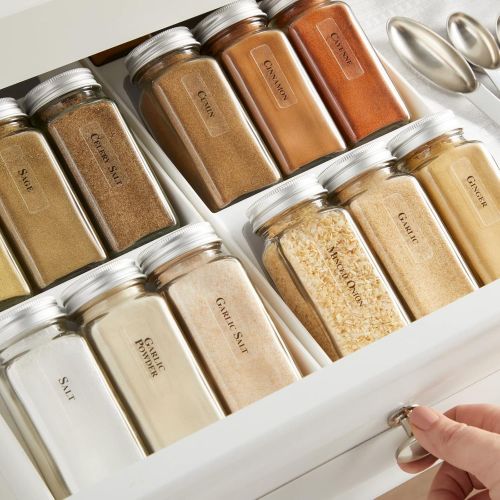  Talented Kitchen 14 Empty 4 oz Square Glass Spice Jars with Lids + Clear Minimalist Spice Labels in 2 Preprinted Chalkboard Styles, Pour/Sift & Coarse Shakers with Airtight Caps, C