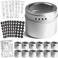 Talented Kitchen Set of 12 Magnetic Spice Tins with 12 Window-Top Sift and Pour Lids, 269 Preprinted Seasoning Label Stickers in 2 Styles for 3 oz Herb Jars