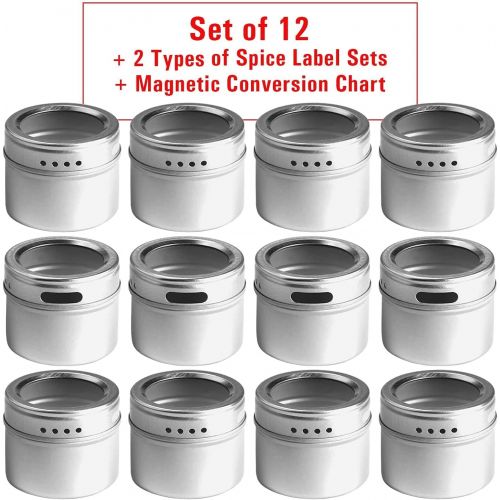  Talented Kitchen Set of 12 Magnetic Spice Tins with 12 Window-Top Sift and Pour Lids, 269 Preprinted Seasoning Label Stickers in 2 Styles for 3 oz Herb Jars