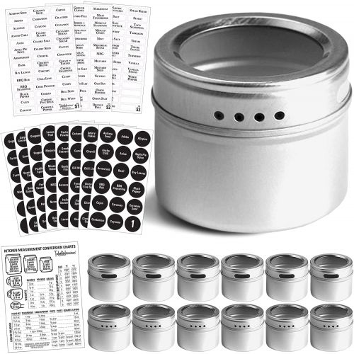  Talented Kitchen Set of 12 Magnetic Spice Tins with 12 Window-Top Sift and Pour Lids, 269 Preprinted Seasoning Label Stickers in 2 Styles for 3 oz Herb Jars