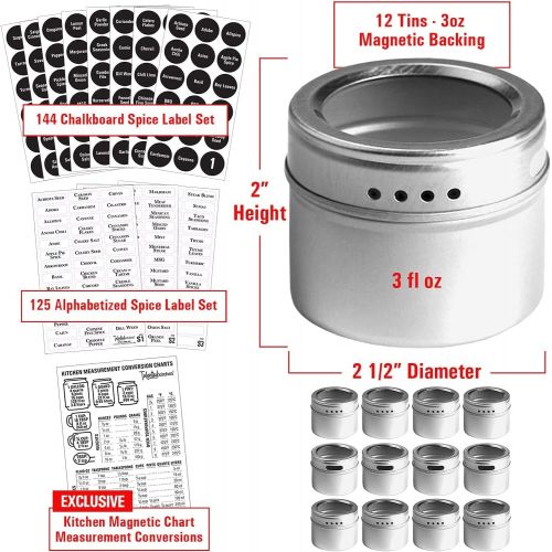  Talented Kitchen Set of 12 Magnetic Spice Tins with 12 Window-Top Sift and Pour Lids, 269 Preprinted Seasoning Label Stickers in 2 Styles for 3 oz Herb Jars