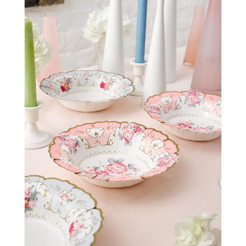  Talking Tables Truly Scrumptious Vintage Floral Paper Bowls in 2 Designs for a Tea Party or Birthday, Blue/Pink (24 Pack)