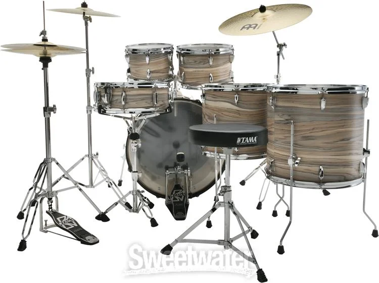  Tama Imperialstar IE62C 6-piece Complete Drum Set with Snare Drum and Meinl Cymbals - Natural Zebrawood Wrap