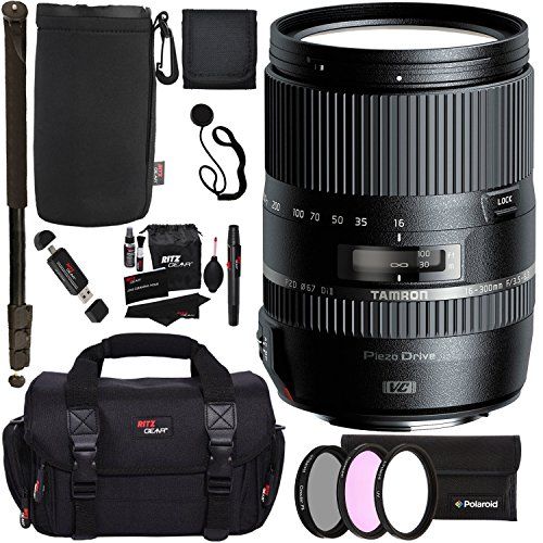 탐론 Tamron 16-300mm AFB016N700 F/3.5 6.3 Di II VC PZD Macro Interchangeable Lens for Nikon Cameras + 72 Monopod + Polaroid Filter Set + Ritz Gear Bag and Accessory Bundle